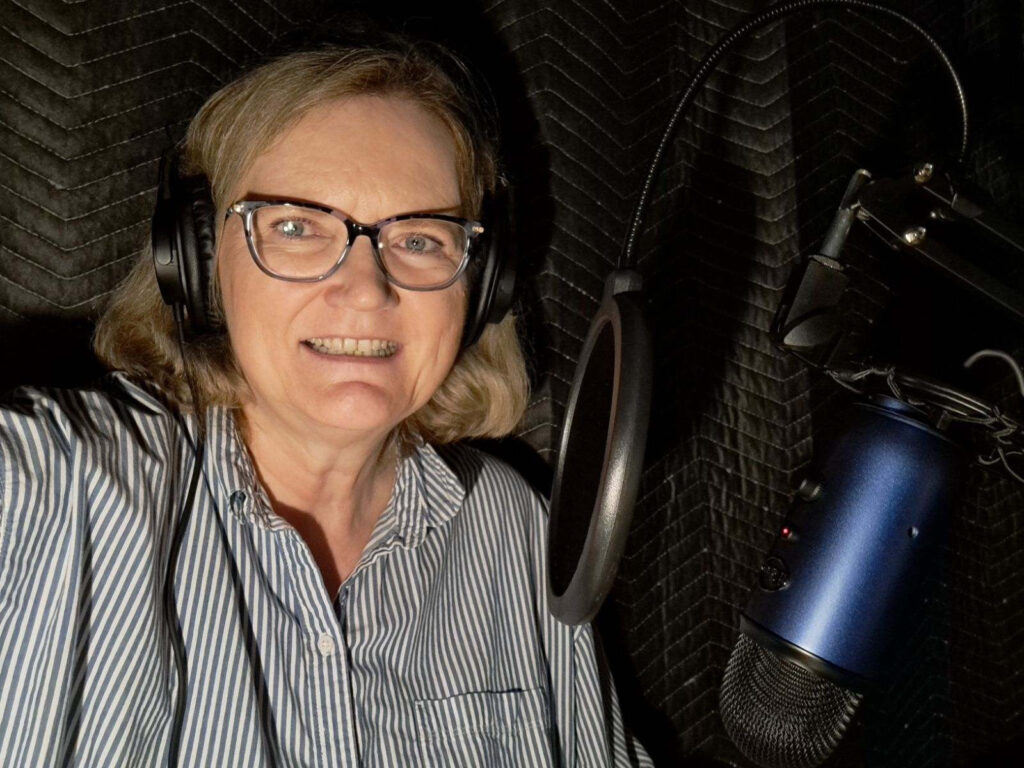 Kathy Bruins in her "blanket fort" recording Audiobooks